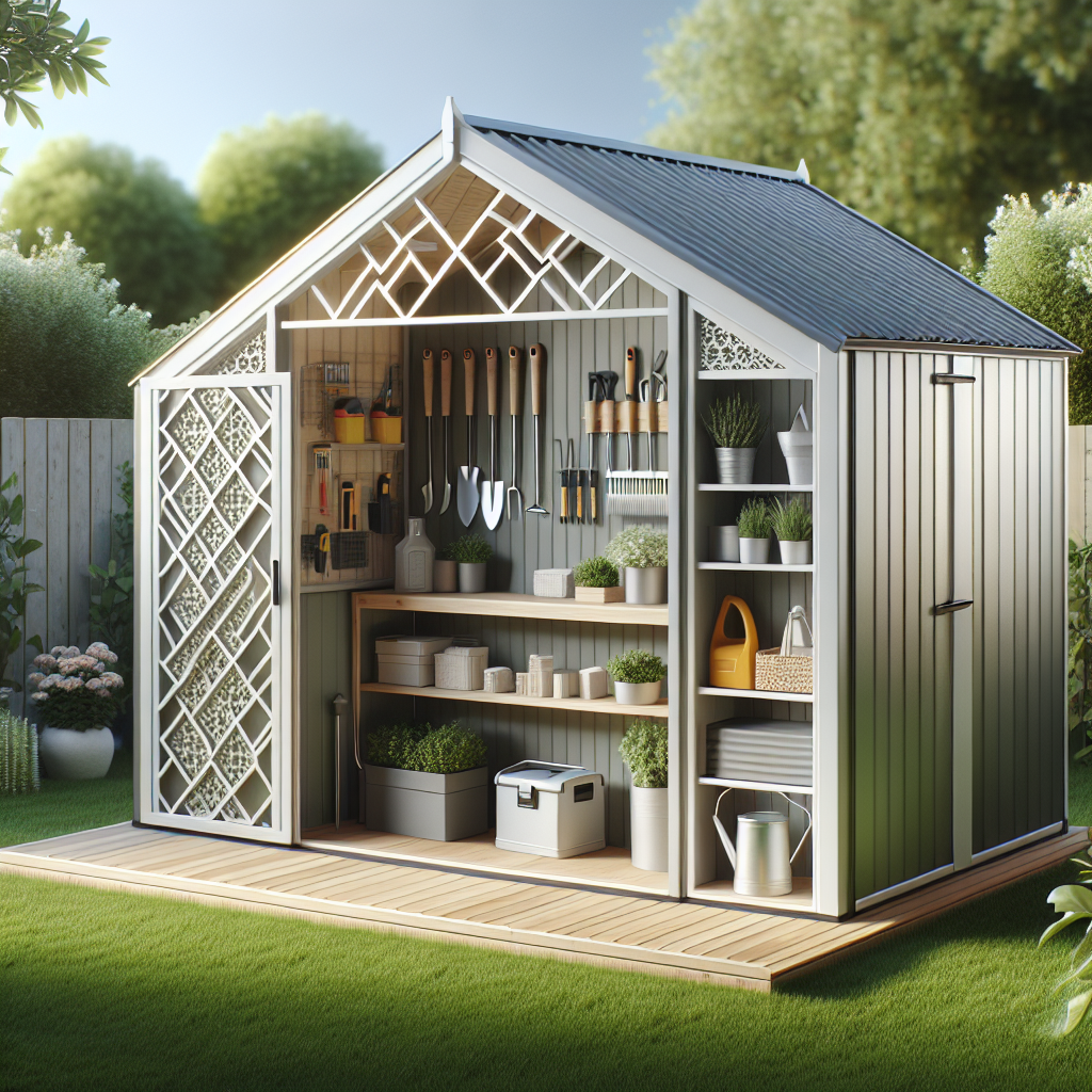 Ein Gartenhaus mit Werkzeugen, Pflanzen und Regalen auf einem Holzdeck im Garten.