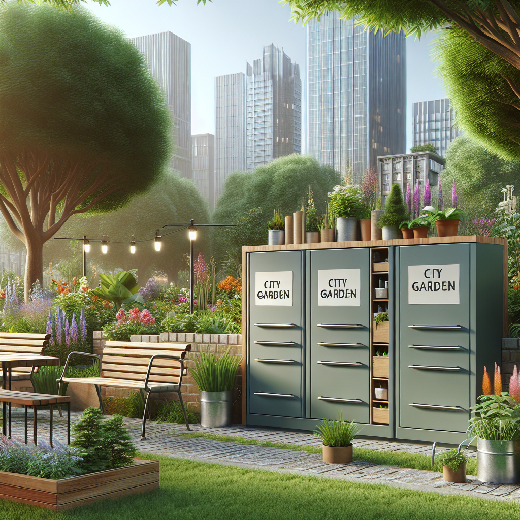 Ein Stadtgarten mit Pflanzen, Schränken markiert "City Garden" und Sitzbänken, im Hintergrund Hochhäuser.