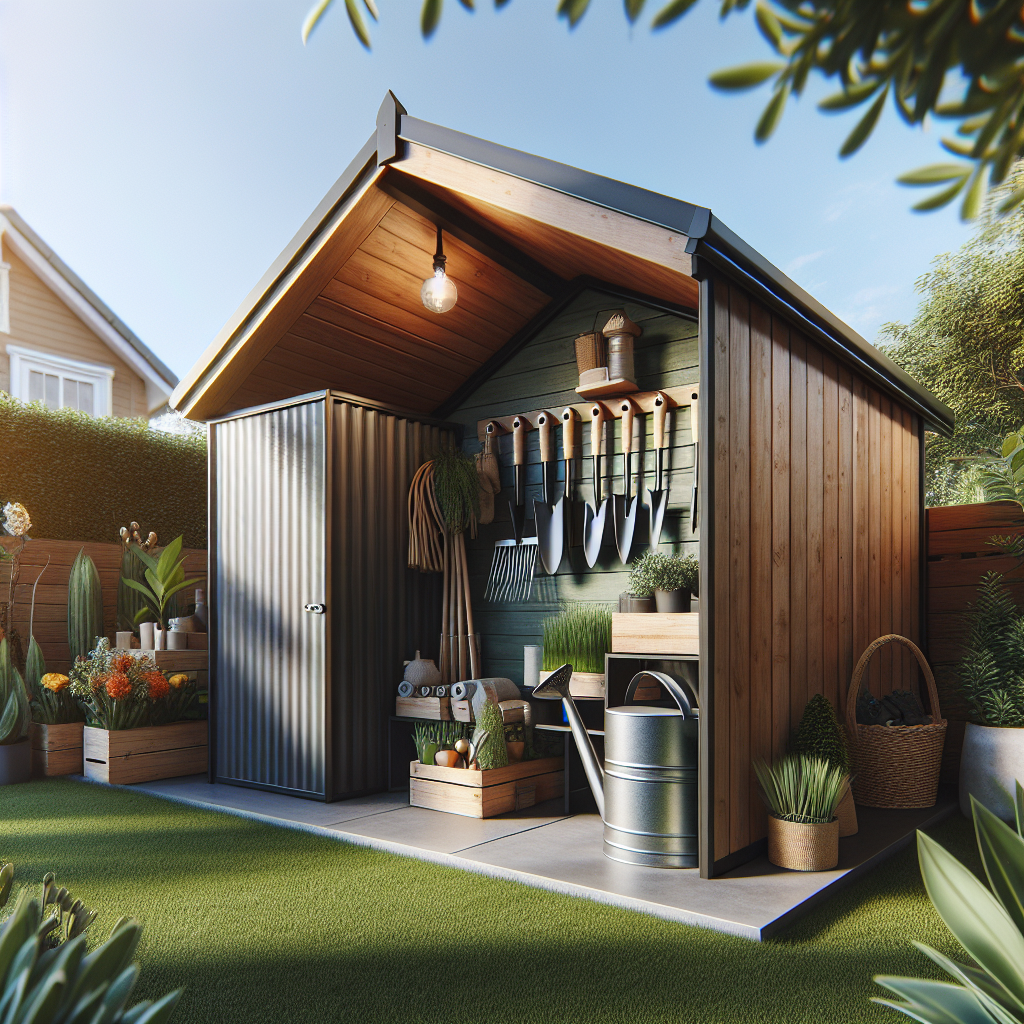Ein Gartenhaus mit Werkzeugen, Pflanzen und Gießkanne neben einem Rasen, perfekt organisiert und sonnig.