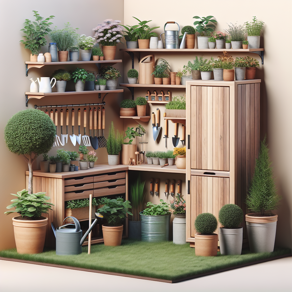 Ein gut organisierter Pflanzbereich mit Regalen voller Blumentöpfe, Gartenwerkzeugen und einer Gießkanne.