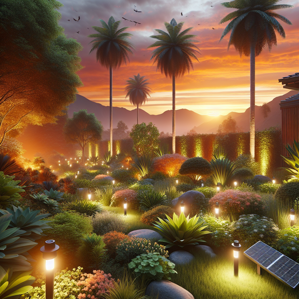 Ein beleuchteter Garten bei Sonnenuntergang mit Palmen, vielen Pflanzen und Solarlichtern im Hintergrund.