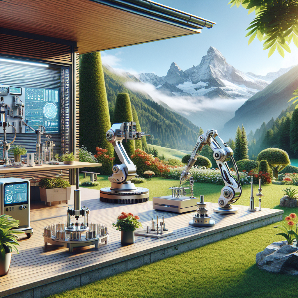 Roboterarme in einer landschaftlichen Szene mit Bergen, Pflanzen und Technologie auf einer Terrasse.