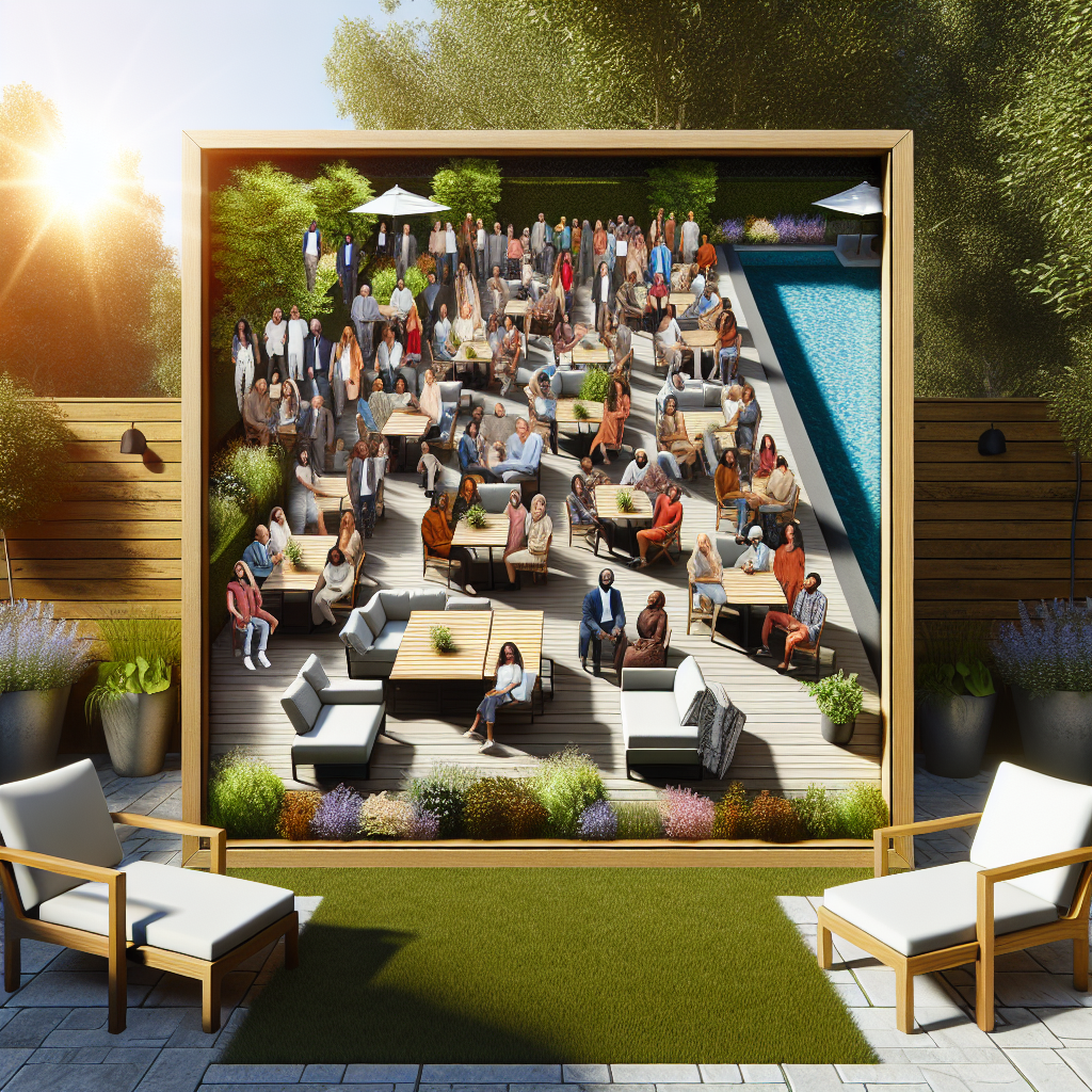 Eine große Gruppe von Menschen sitzt und steht auf einer Terrasse im Freien neben einem Pool.