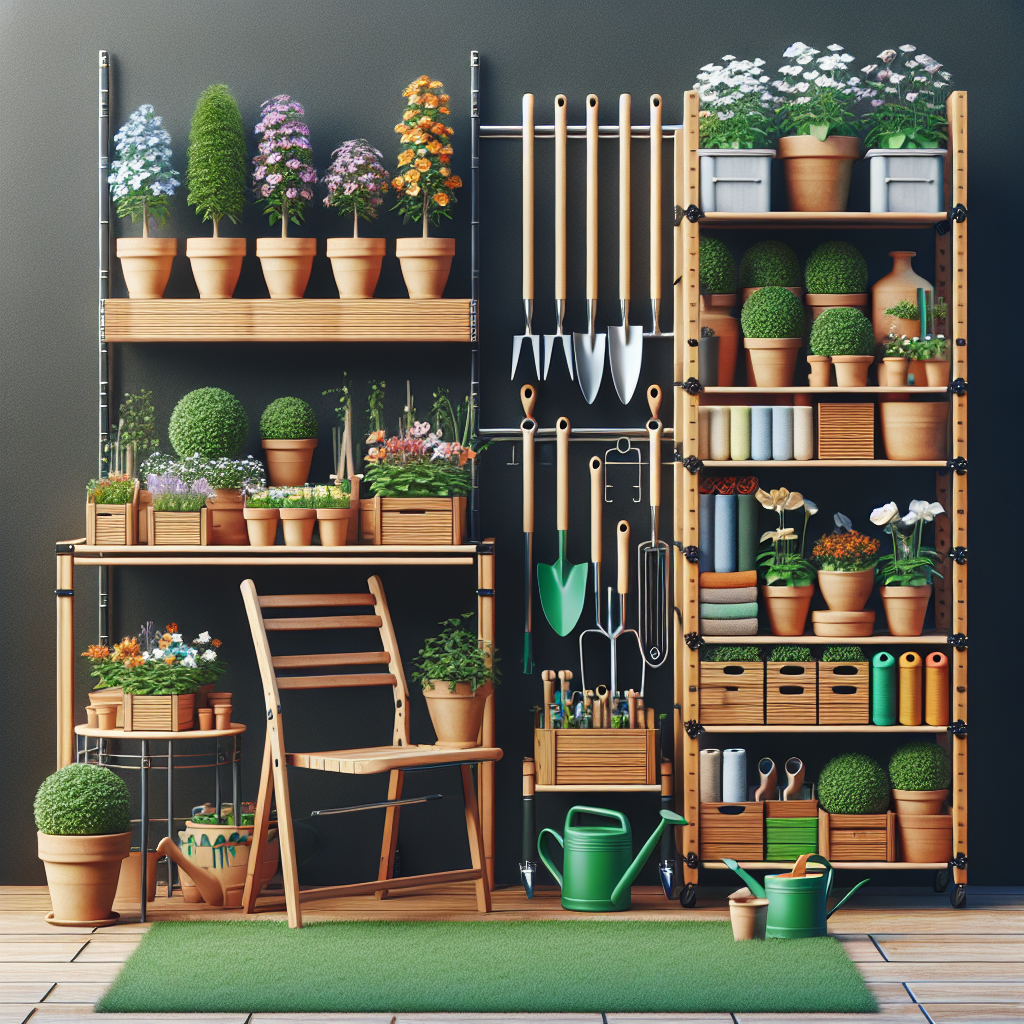 Ein Gartenschuppen mit Pflanzen, Werkzeugen, Regalen und einer Holzbodenfläche.