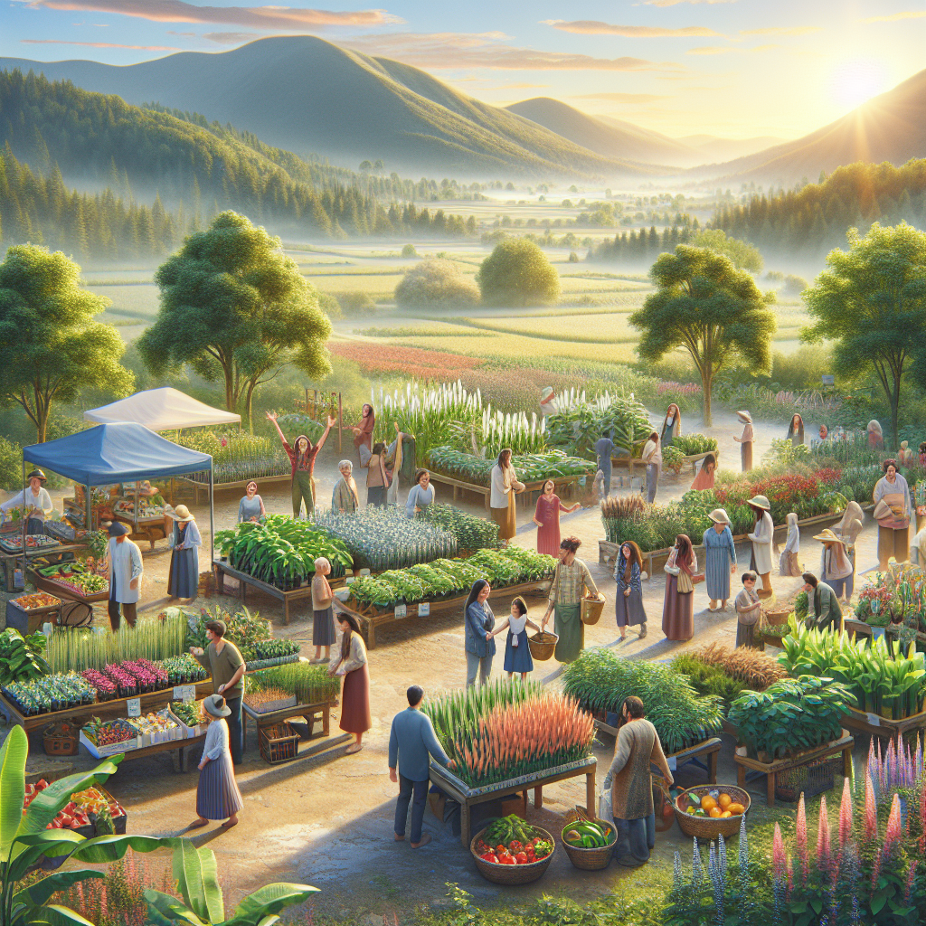 Ein lebhafter Bauernmarkt inmitten einer malerischen Landschaft mit vielen Menschen und verschiedenen Pflanzenständen.
