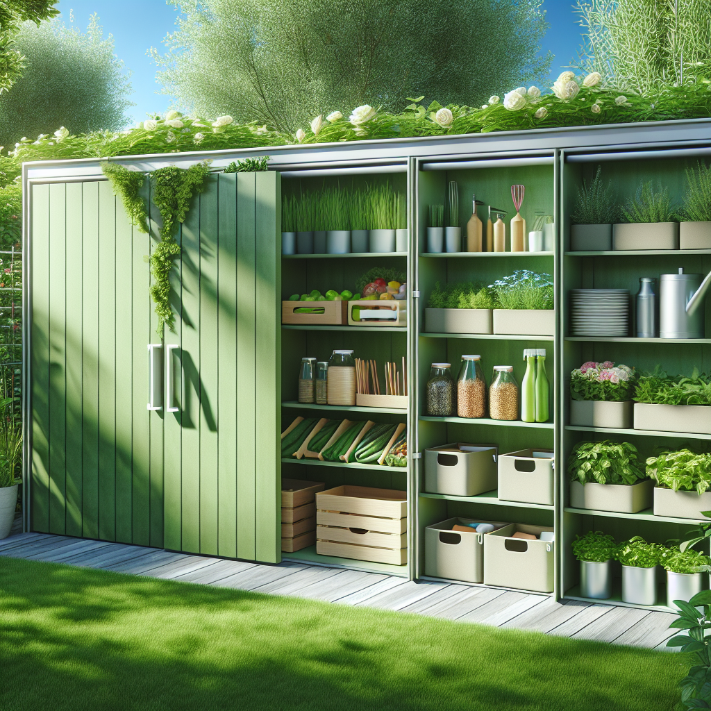 Ein grüner Gartenschrank mit offenem Regal, gefüllt mit Pflanzen, Gewürzen und Gartenzubehör.