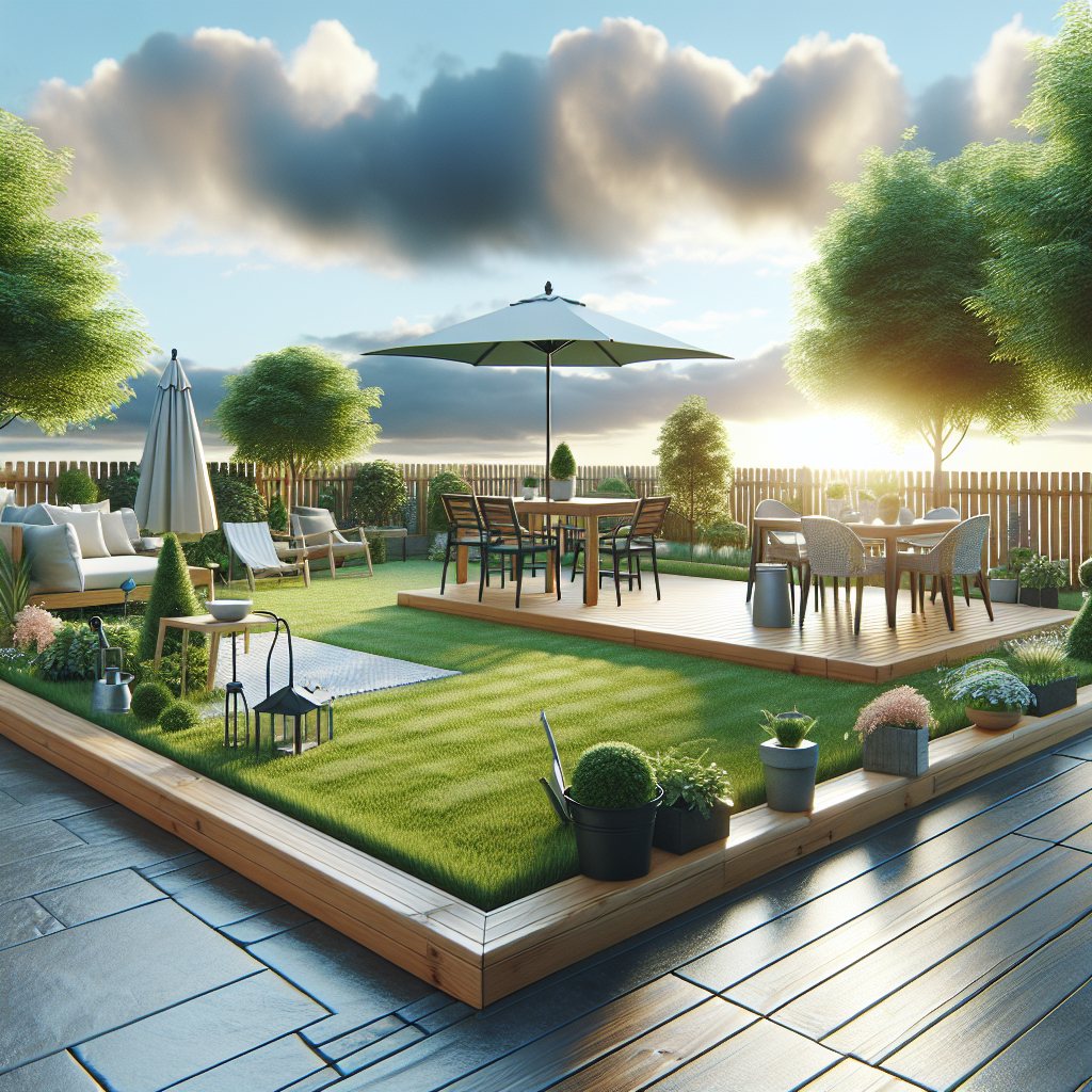 Ein schöner Garten mit Terrasse, Tisch, Stühlen, Sonnenschirmen, Pflanzen und umliegenden Bäumen bei Sonnenuntergang.