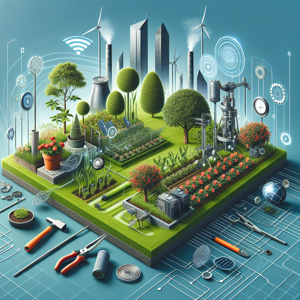 Eine digitale Landwirtschaft mit Technologie, grünen Pflanzen, Werkzeugen und urbanen Elementen, zeigt Smart-Farming.